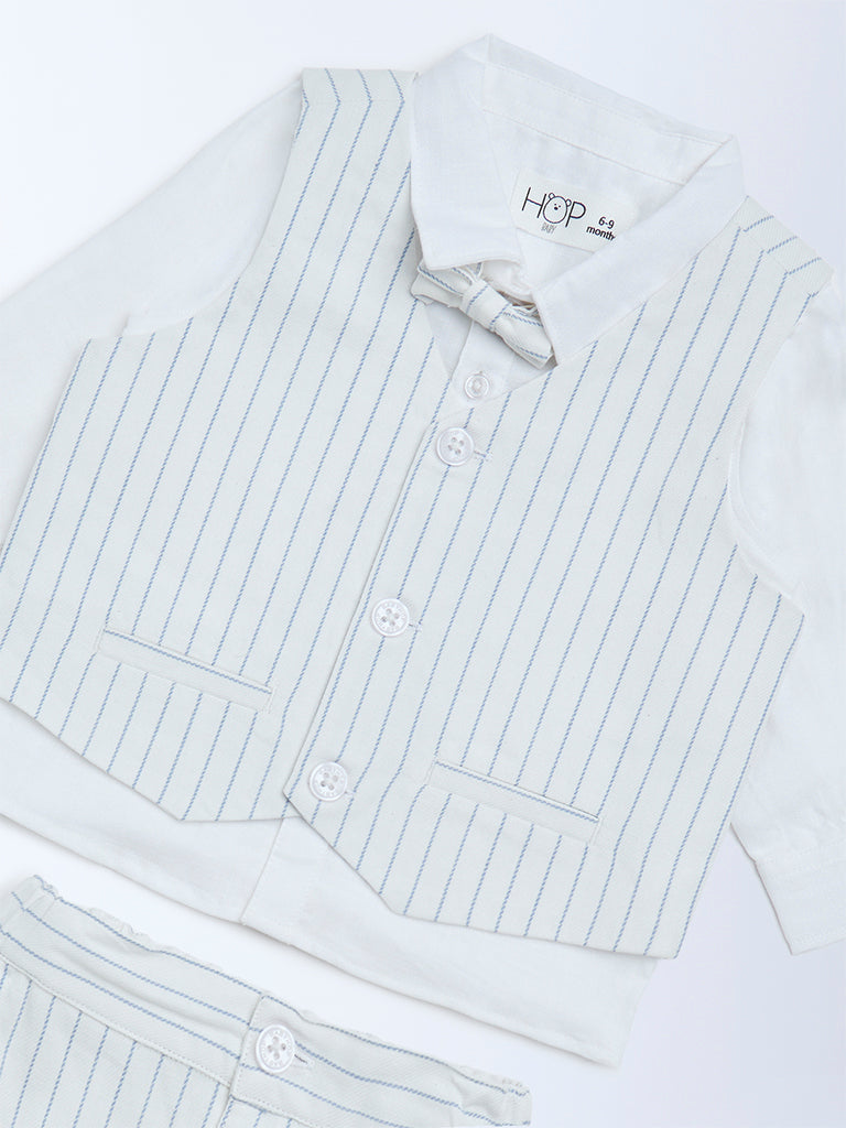 HOP Baby Boys Blue Striped Cotton Shirt, Waistcoat, Trousers & Bow Set