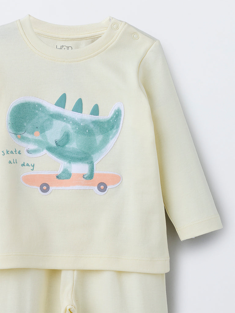 HOP Baby Boys Yellow Animal Design Cotton T-Shirt with Pants Set