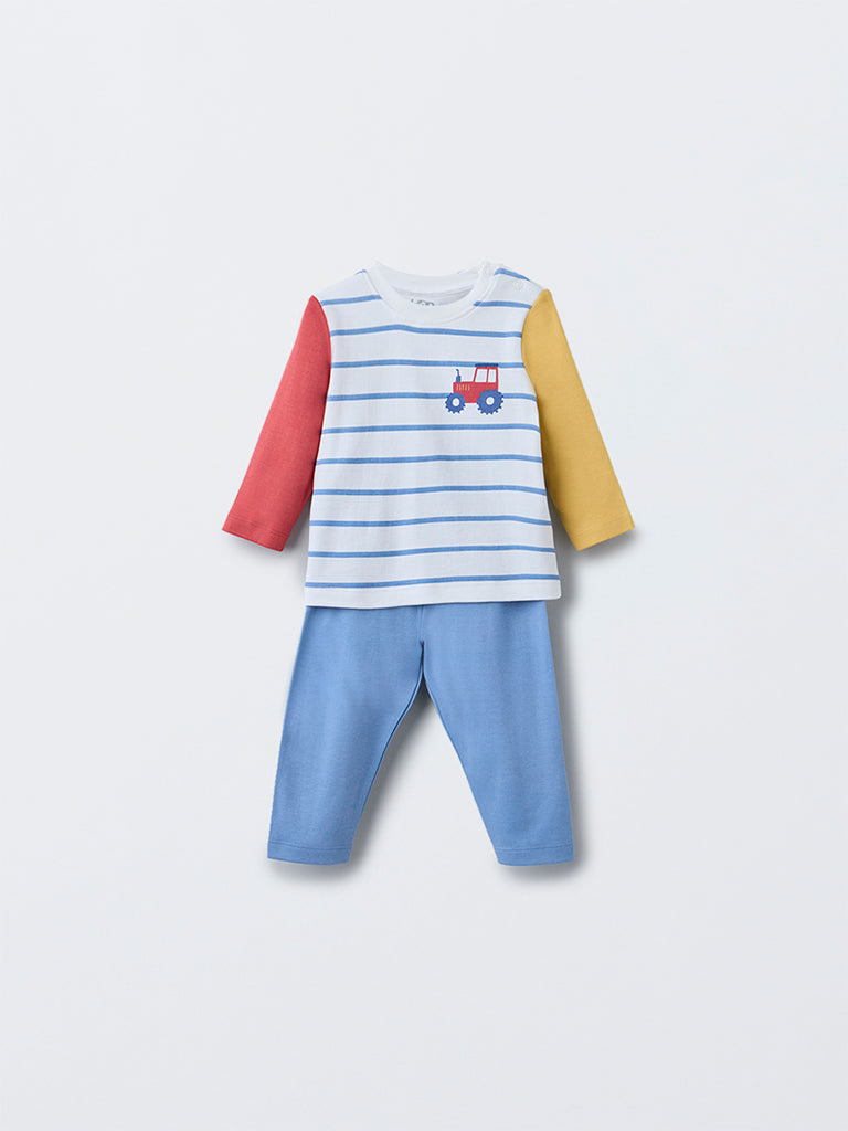 HOP Baby Boys Multicolour Striped Cotton T-Shirt with Pants Set