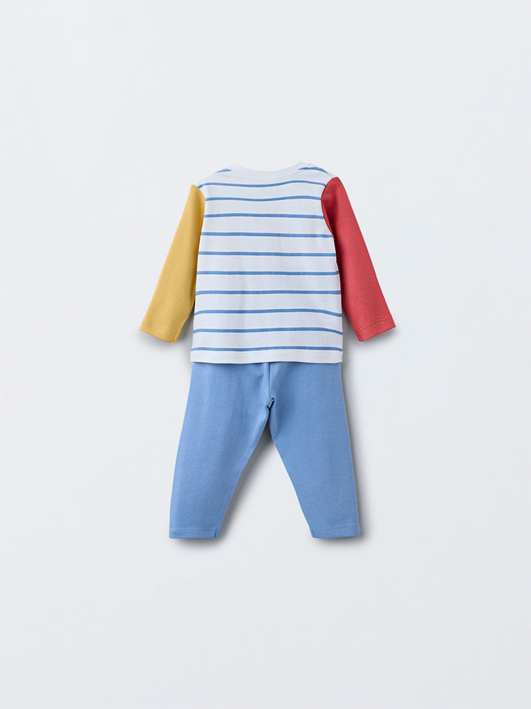 HOP Baby Boys Multicolour Striped Cotton T-Shirt with Pants Set