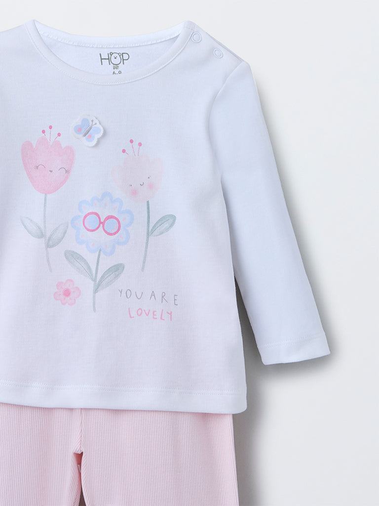 HOP Baby Girls Pink Floral Design Cotton T-Shirt with Pants Set