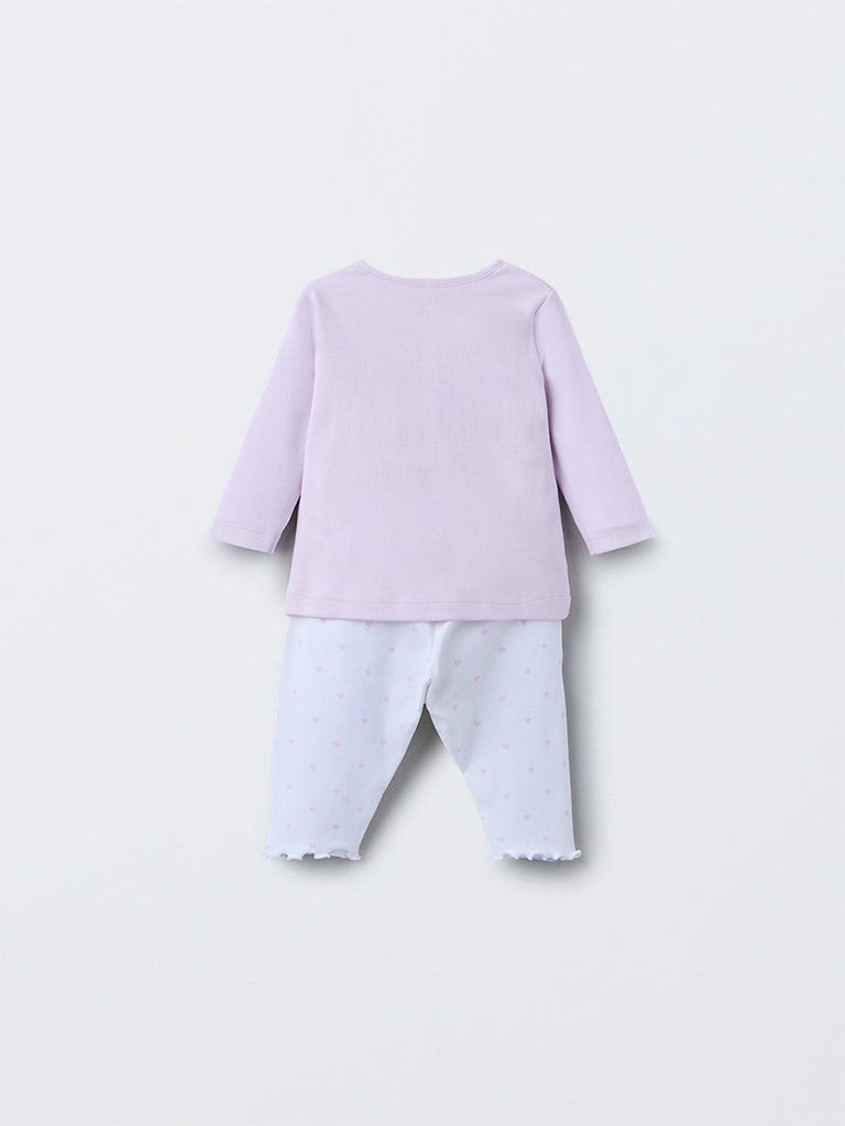 HOP Baby Girls Lilac Heart Printed Cotton T-Shirt with Pants Set
