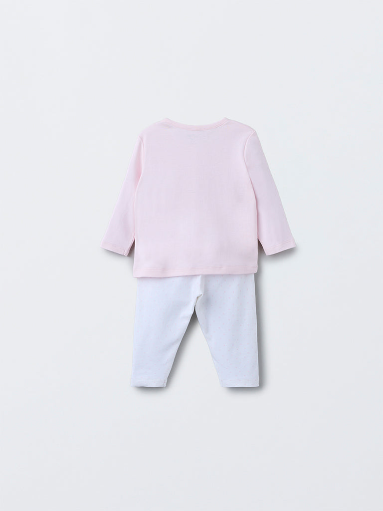 HOP Baby Girls Pink Printed Cotton T-Shirt with Pants Set