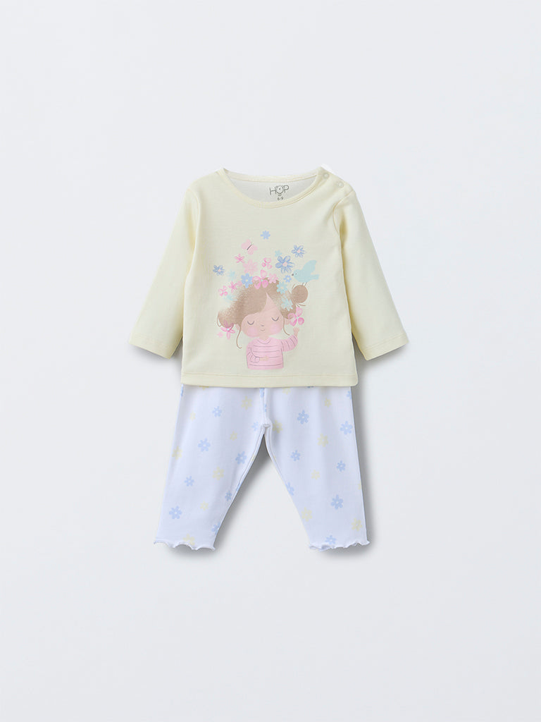 HOP Baby Girls Yellow Printed Cotton T-Shirt with Pants Set