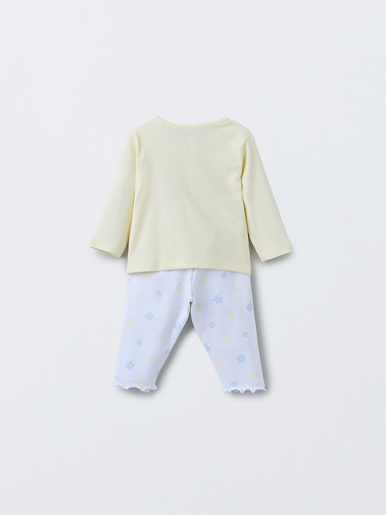 HOP Baby Girls Yellow Printed Cotton T-Shirt with Pants Set