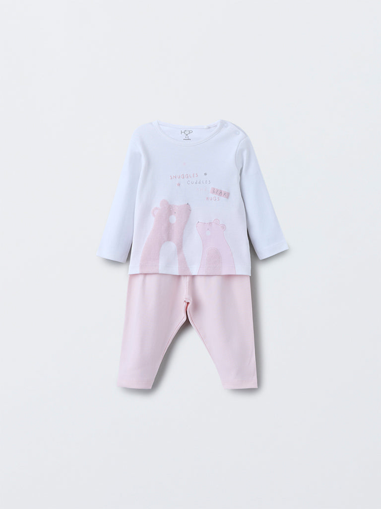 HOP Baby Girls Pink Animal Pattern Cotton T-Shirt with Pants Set