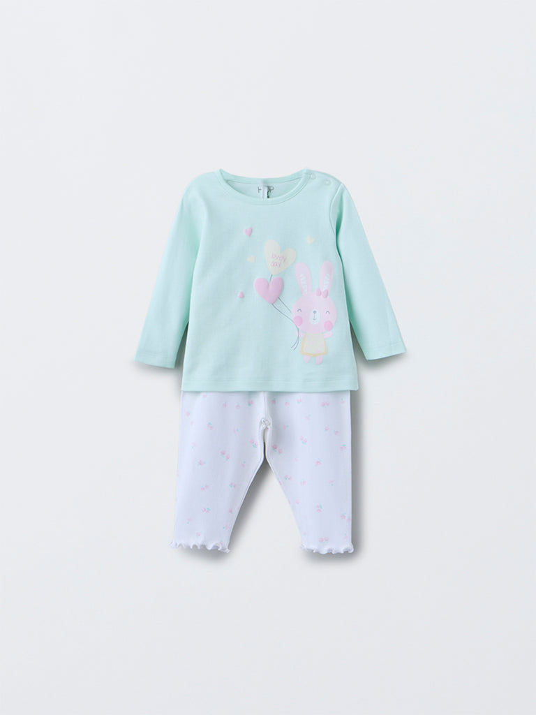 HOP Baby Girls Mint Printed Cotton T-Shirt with Pants Set
