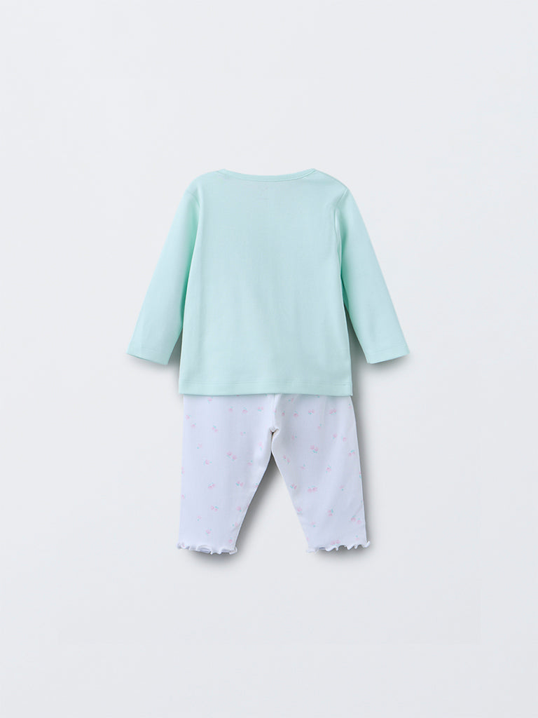 HOP Baby Girls Mint Printed Cotton T-Shirt with Pants Set