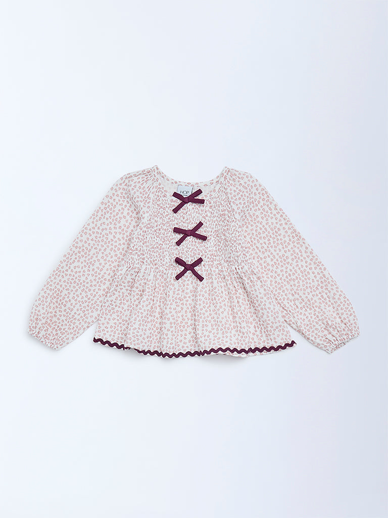 HOP Kids Girls Pink Printed Smocked Peplum Cotton Top