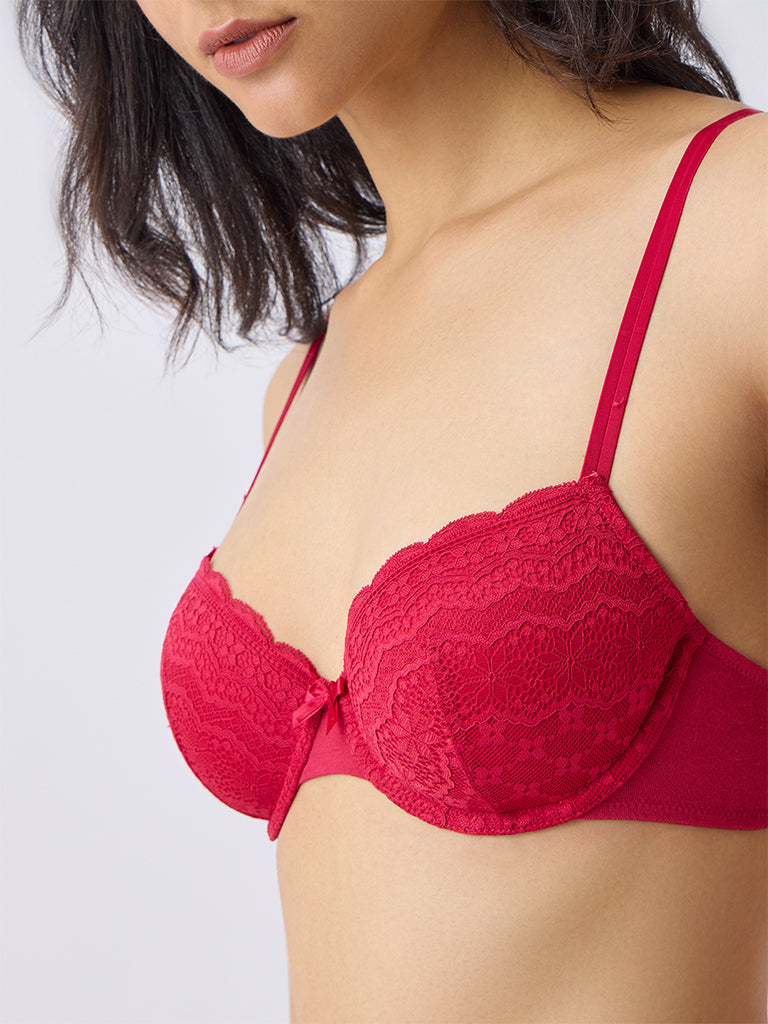 Wunderlove Red Lace-Detail Underwired Cotton-Blend Bra