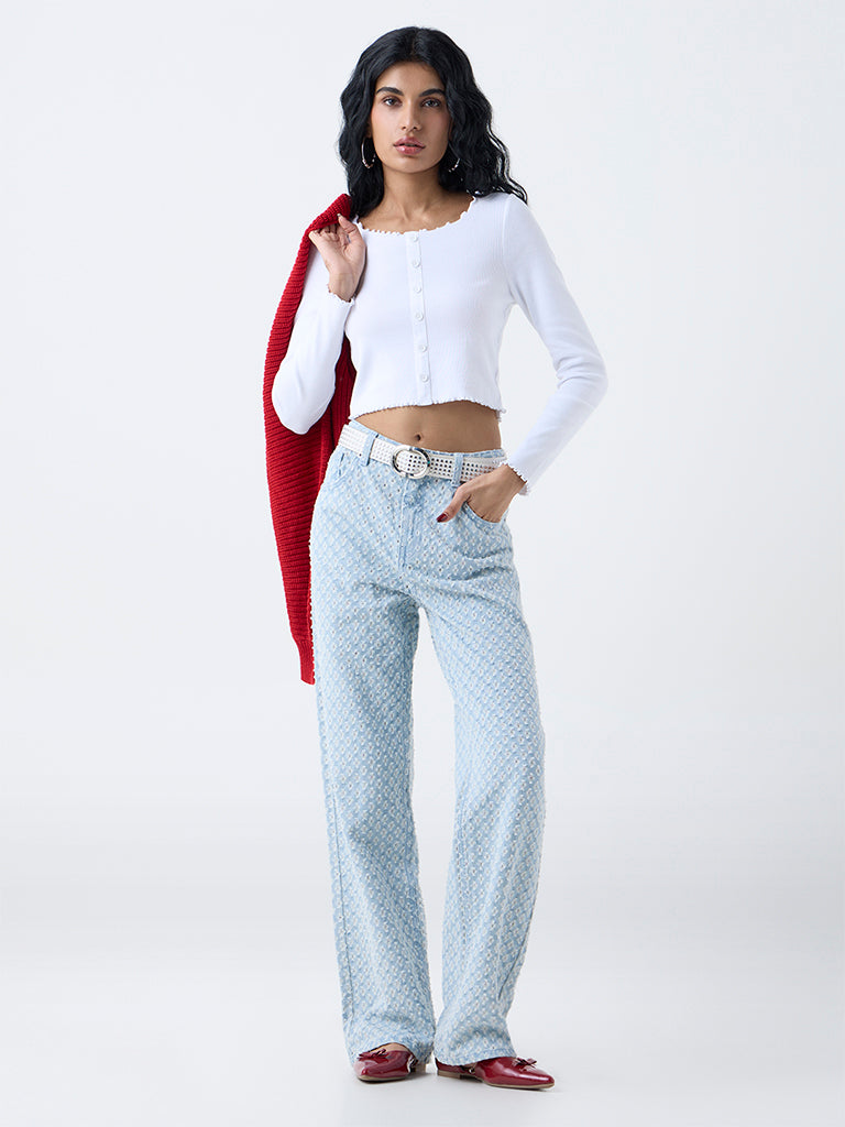Nuon White Self-Striped Cotton-Blend Top