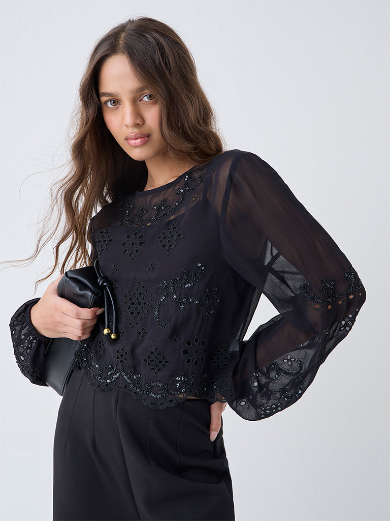 LOV Black Schiffli Embellished Top with Camisole