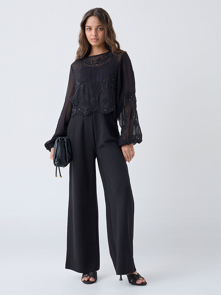LOV Black Schiffli Embellished Top with Camisole