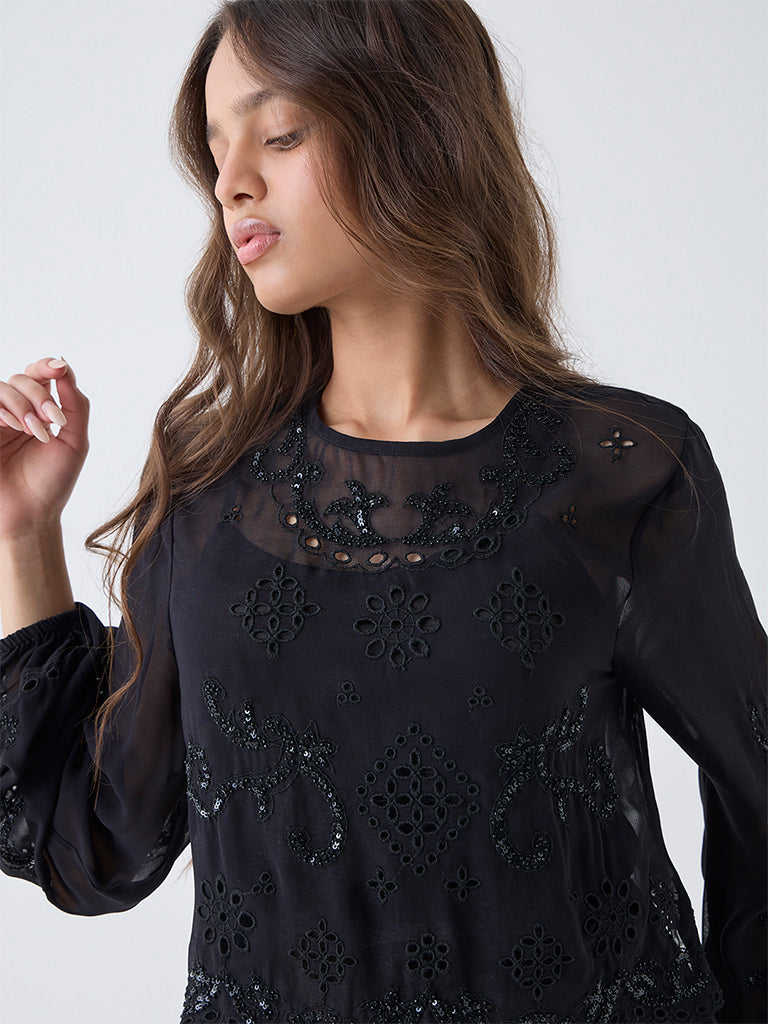 LOV Black Schiffli Embellished Top with Camisole