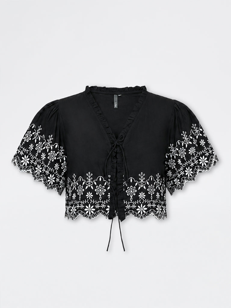 LOV Black Floral Embroidered Cropped Cotton Blouse