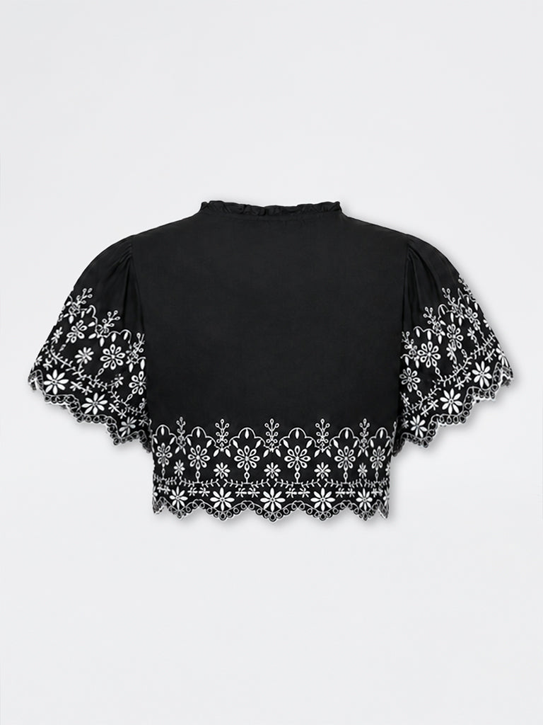 LOV Black Floral Embroidered Cropped Cotton Blouse