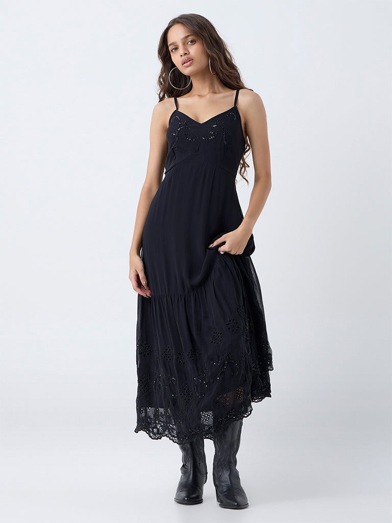 LOV Black Schiffli Embellished Tiered Dress
