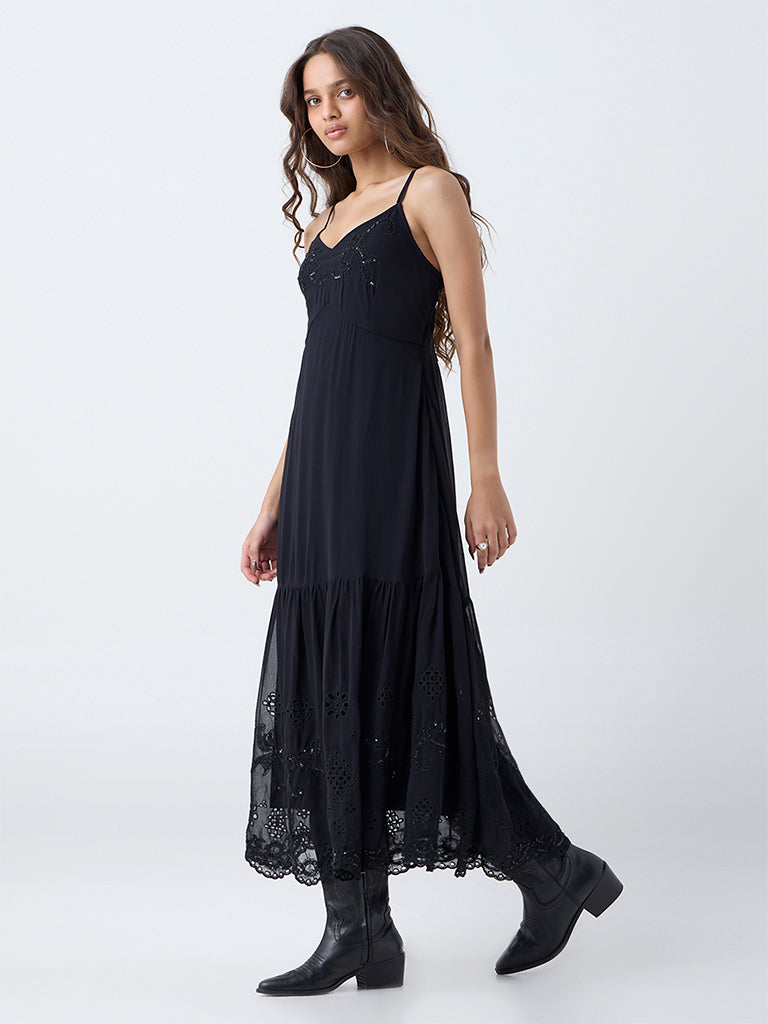 LOV Black Schiffli Embellished Tiered Dress