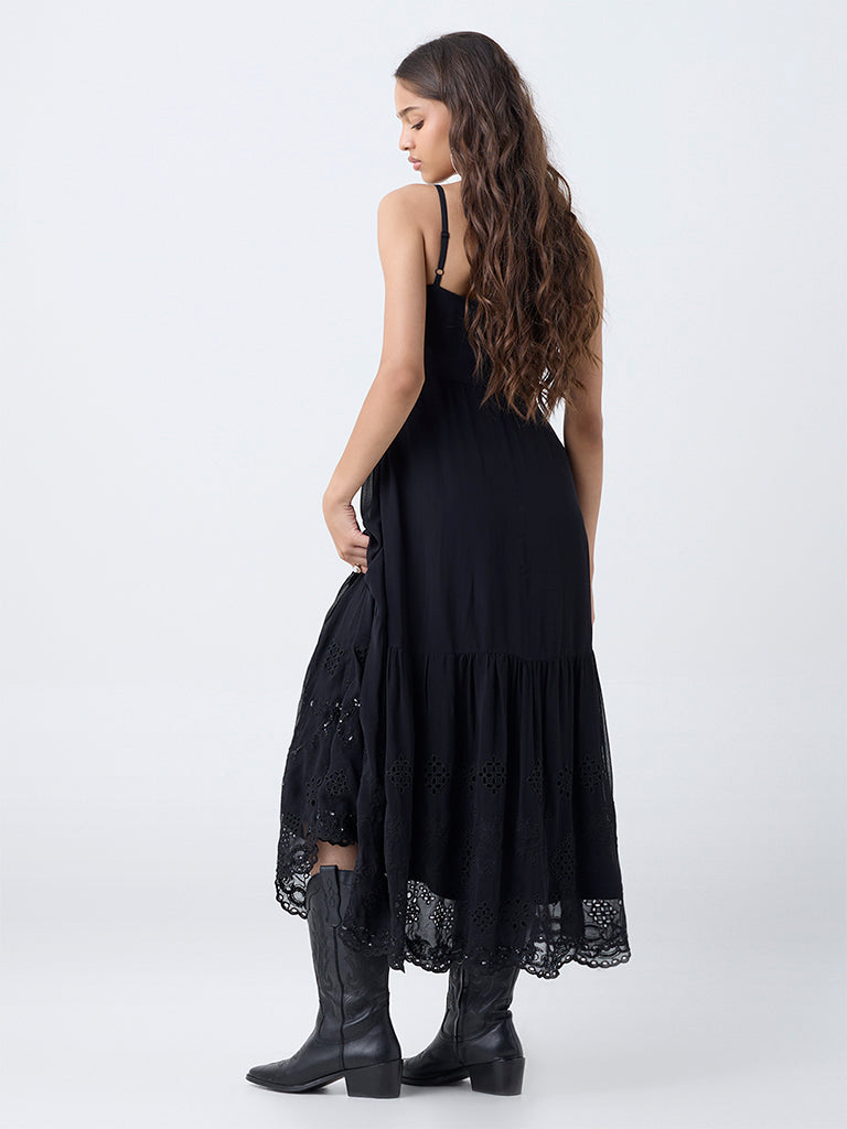 LOV Black Schiffli Embellished Tiered Dress