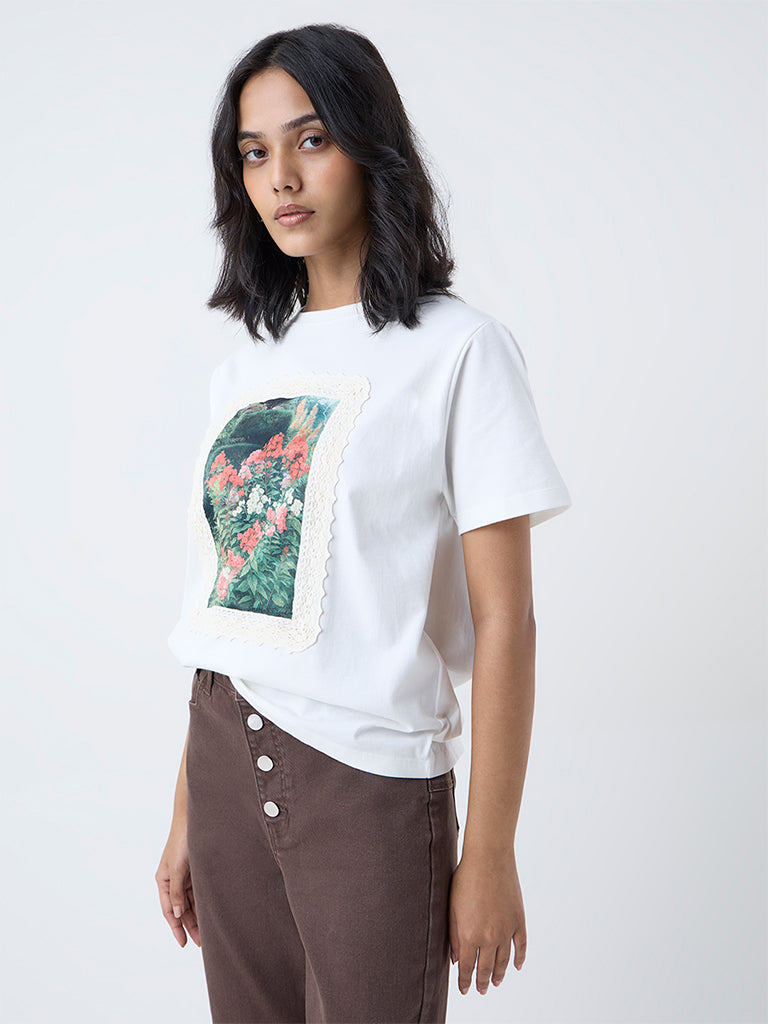 LOV White Floral Design Cotton T-Shirt
