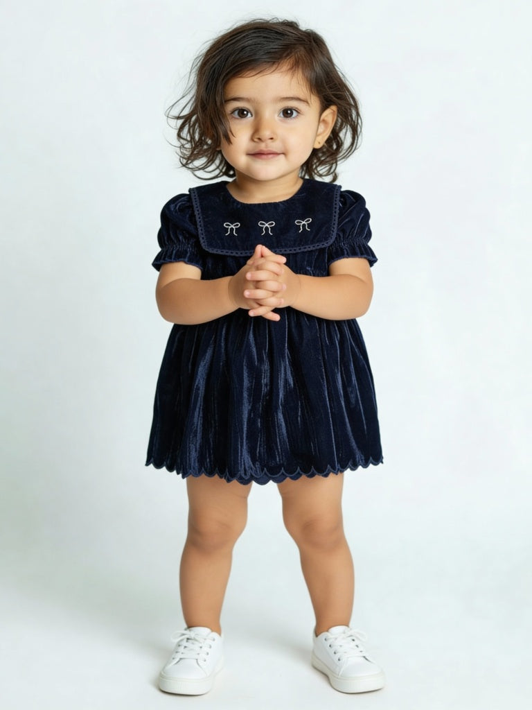 HOP Baby Girls Navy Fit-And-Flare Velvet Dress