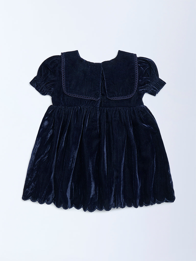 HOP Baby Girls Navy Fit-And-Flare Velvet Dress