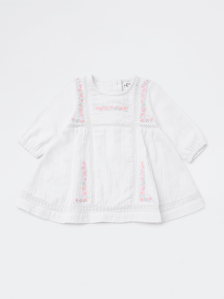 HOP Baby Girls White Floral Embroidered A-Line Cotton Dress