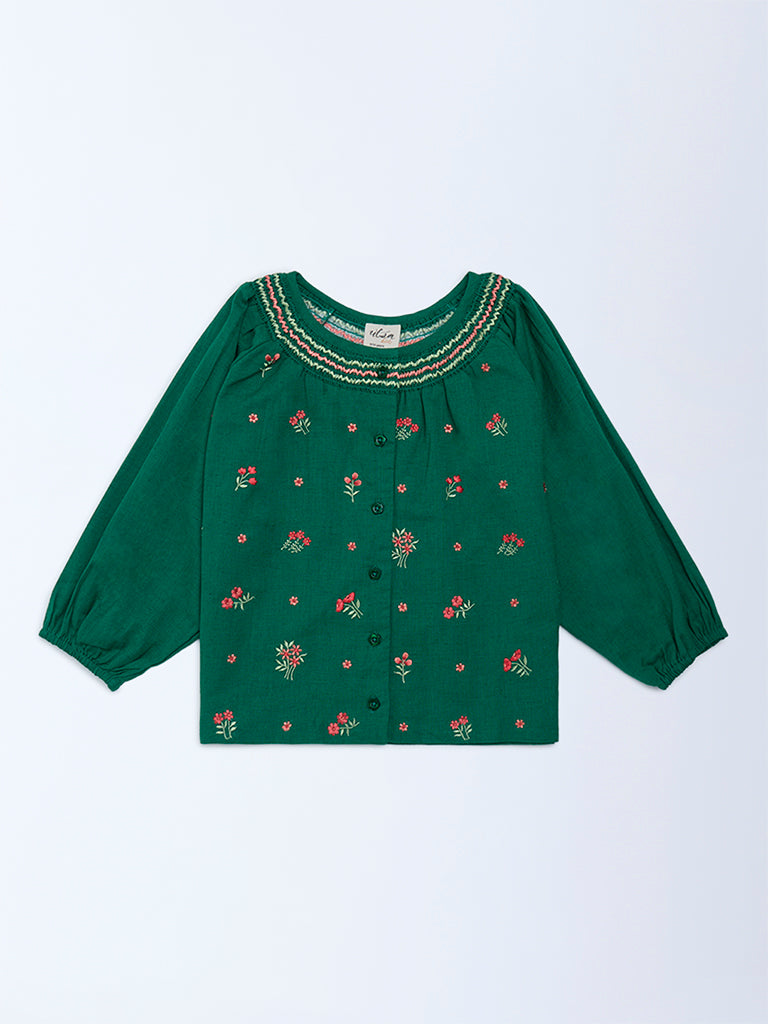 Utsa Kids Girls Jade Green Floral Embroidered Cotton-Blend Top - (8-14 yrs)