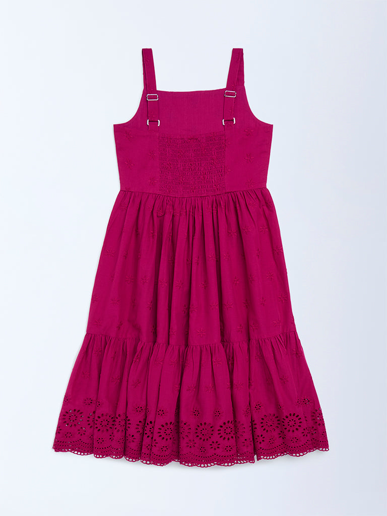 Utsa Kids Girls Magenta Schiffli Tiered Cotton Dress (8-14 yrs)