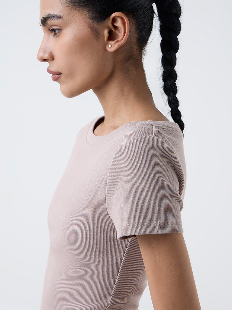 Studiofit Taupe Ribbed-Textured Cotton-Blend T-Shirt