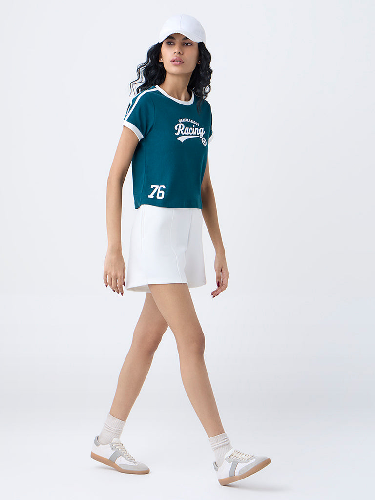 Studiofit Teal Text Printed Cotton-Blend T-Shirt