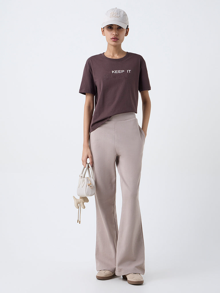 Studiofit Dark Brown Text Printed Cotton-Blend T-Shirt