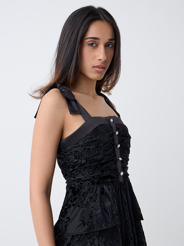 LOV Black Self-Patterned Velvet A-Line Dress