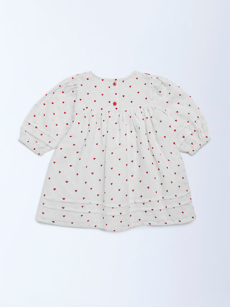 HOP Baby Girls Off-White Heart Printed A-Line Dress