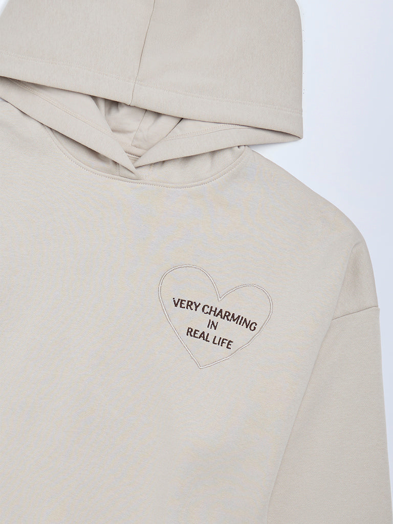 Girls Beige Typographic Cotton-Blend Hoodie