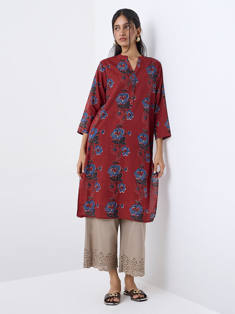 Utsa Maroon Floral Design Cotton Straight Kurta