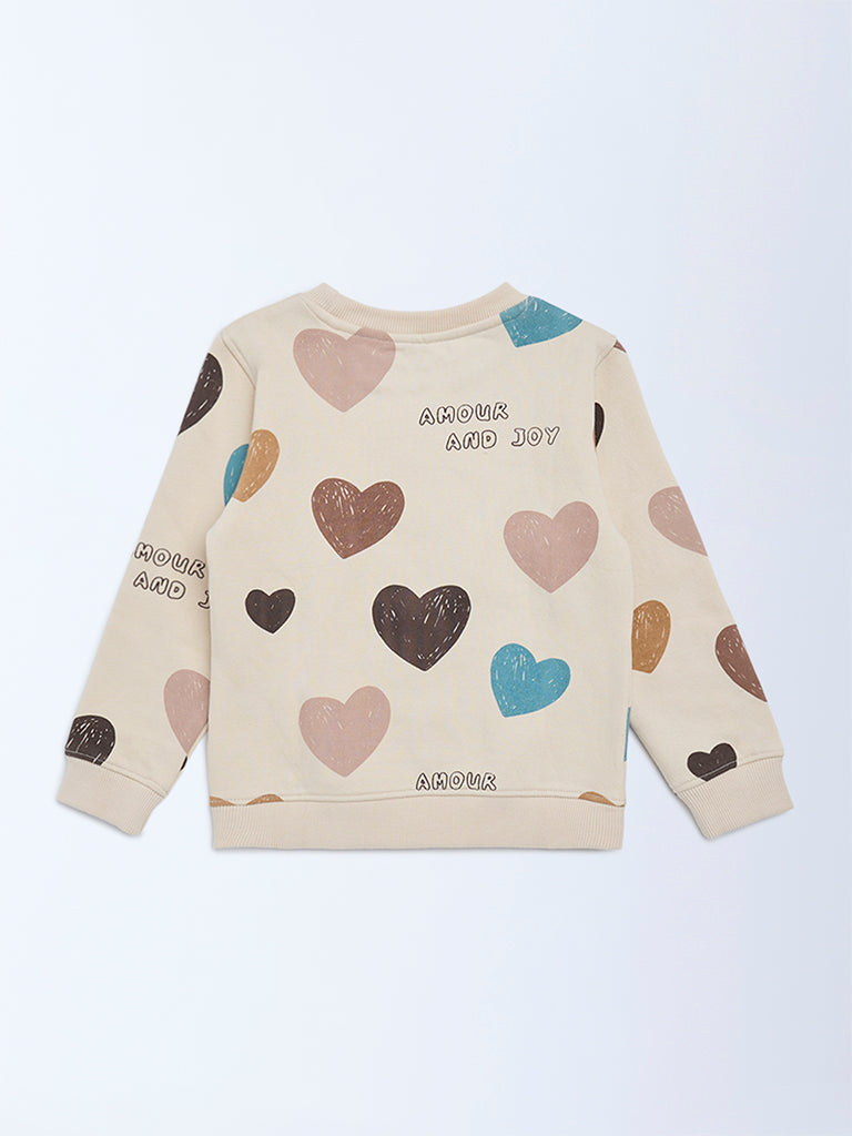 HOP Kids Girls Beige Heart Printed Cotton-Blend Sweatshirt