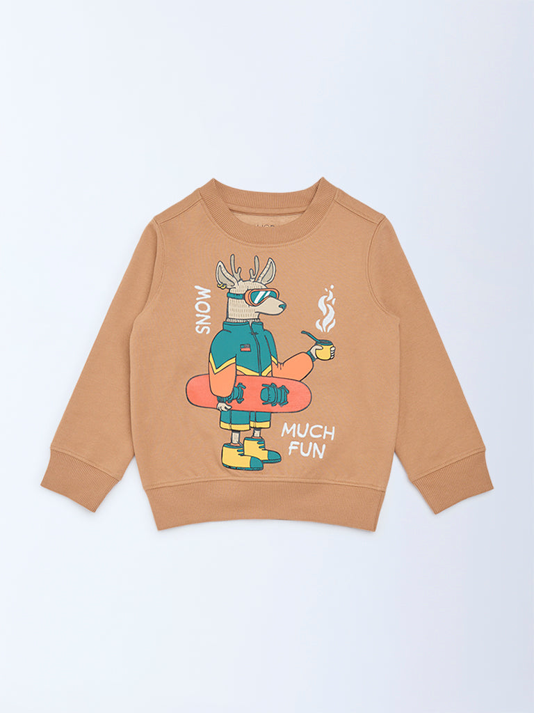 HOP Kids Boys Light Brown Graphic Design Cotton-Blend Sweatshirt