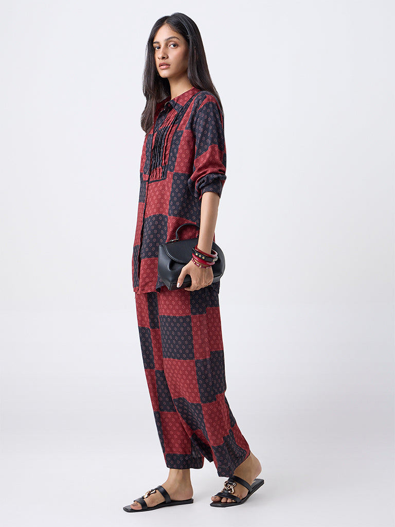 Utsa Red Grid Printed Tunic
