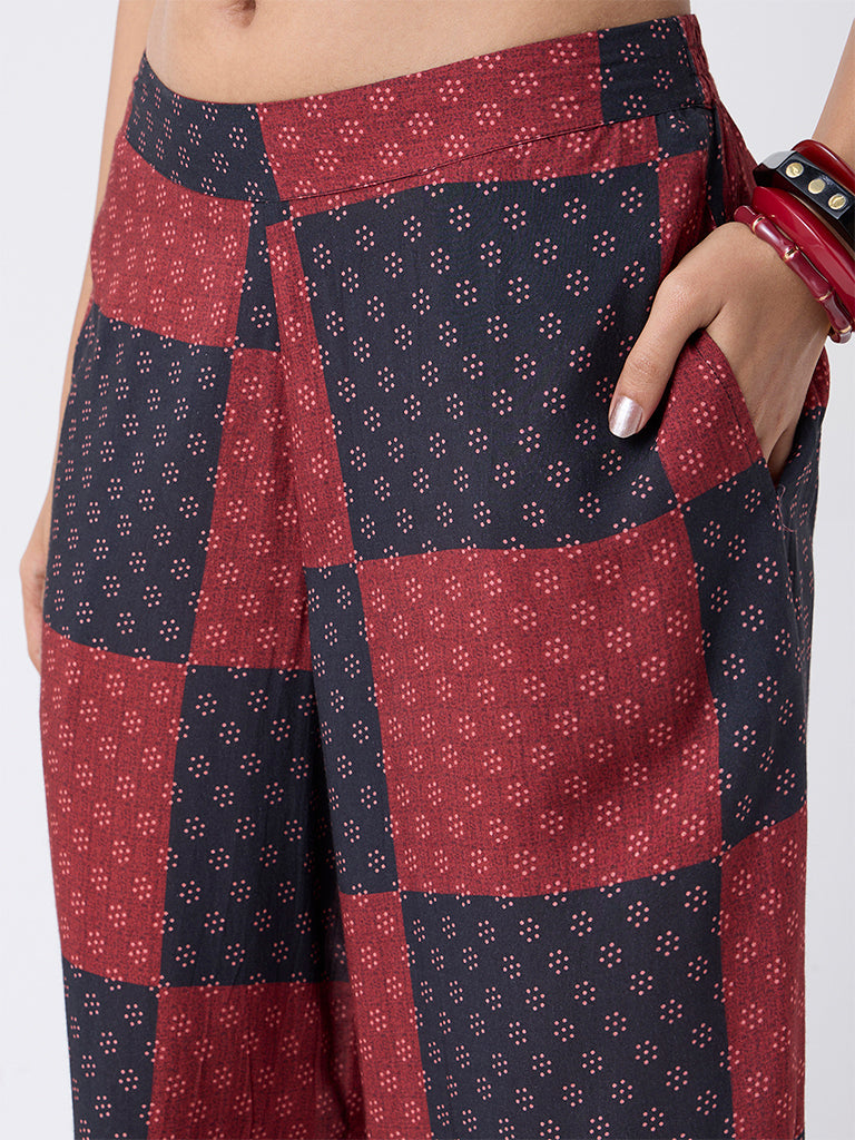Utsa Red Grid Printed Palazzos