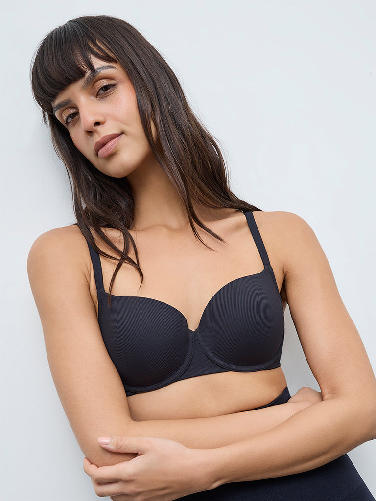 Wunderlove Black Self-Striped Underwired Bra
