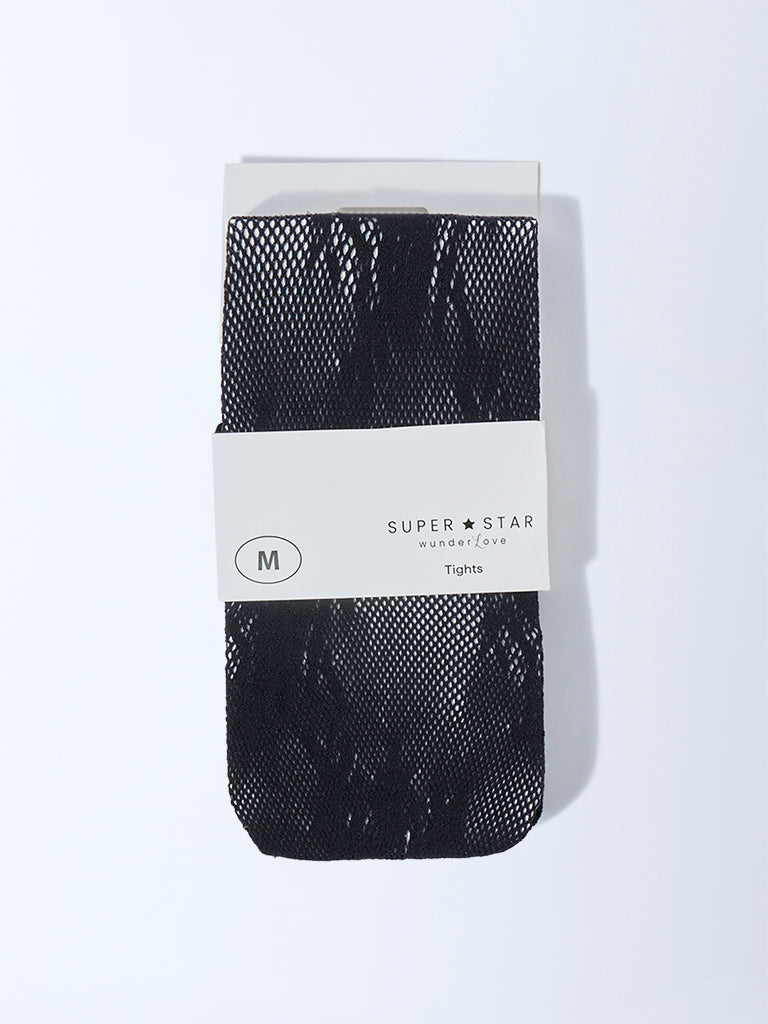Superstar Black Floral Lace Detailed Fishnet Stockings