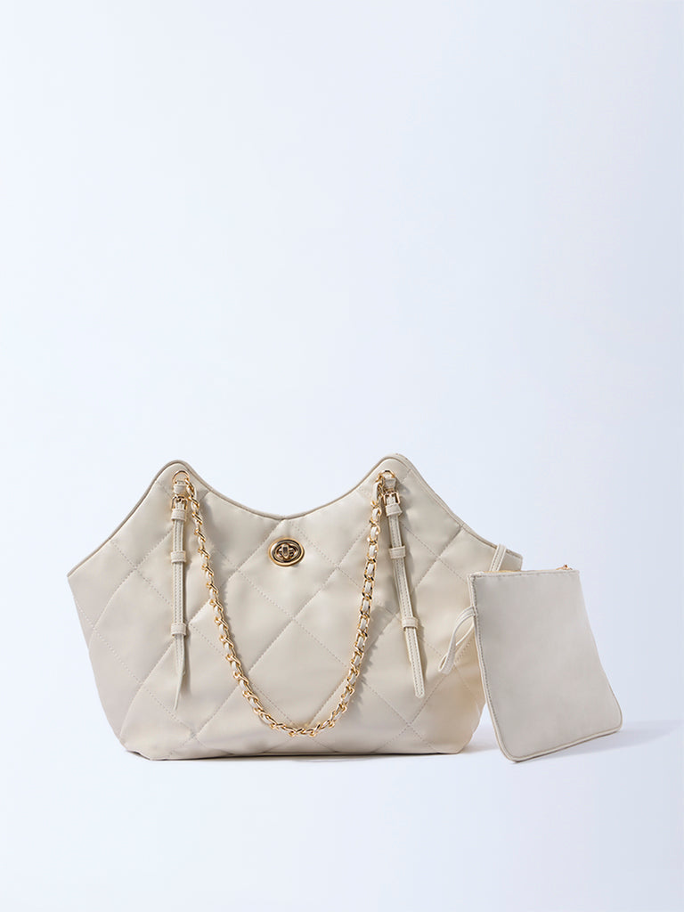 Westside Off-White Quilted Tote Bag with Pouch