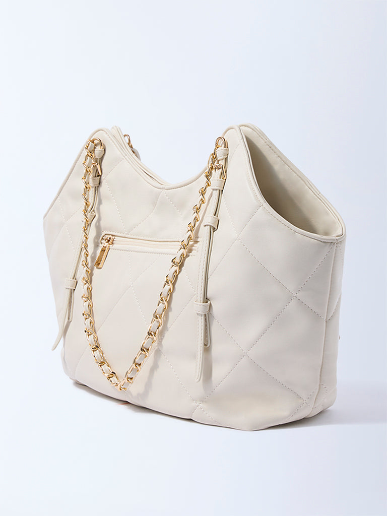 Westside Off-White Quilted Tote Bag with Pouch