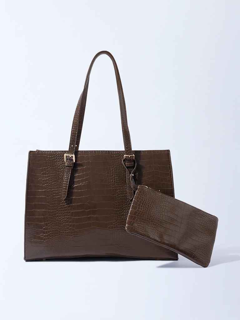 Westside Brown Textured Laptop Bag with Pouch