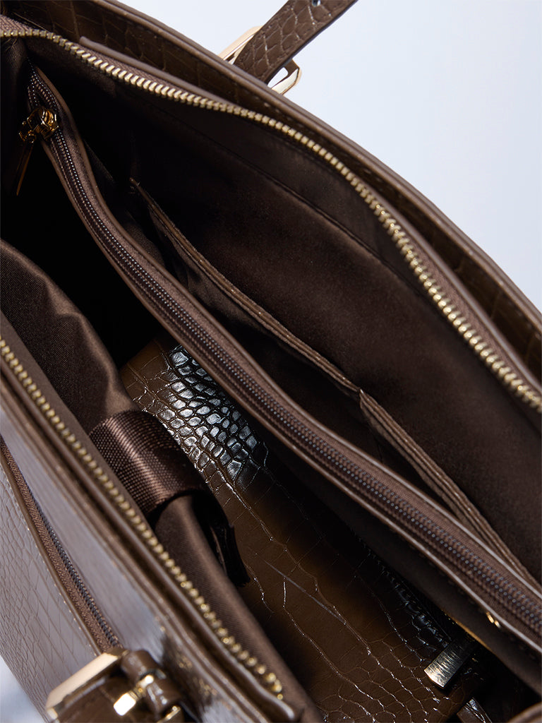Westside Brown Textured Laptop Bag with Pouch