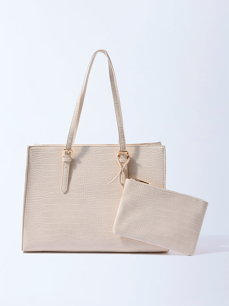 Westside Off-White Textured Laptop Bag with Pouch