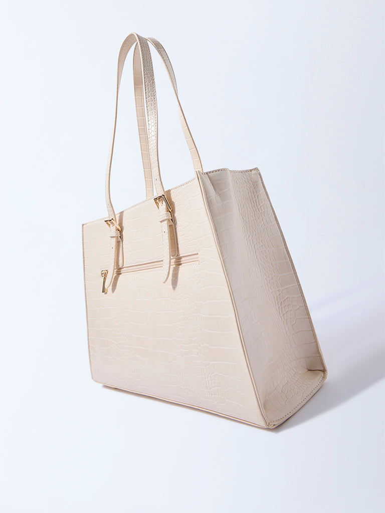 Westside Off-White Textured Laptop Bag with Pouch