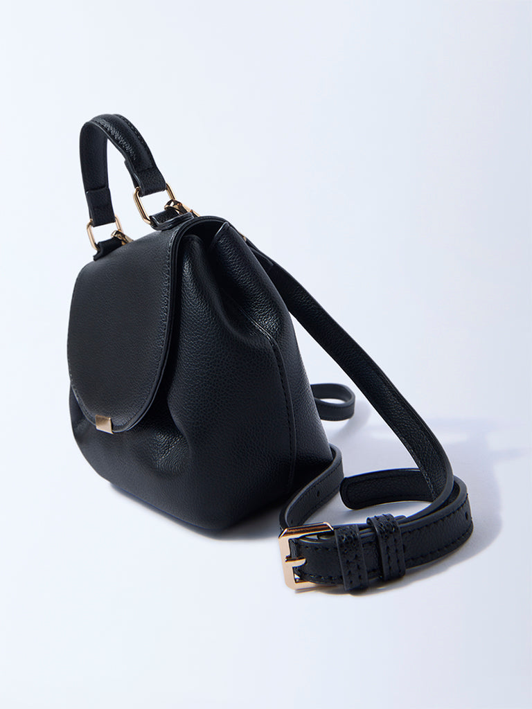 Westside Black Textured Satchel Bag with Sling Handle
