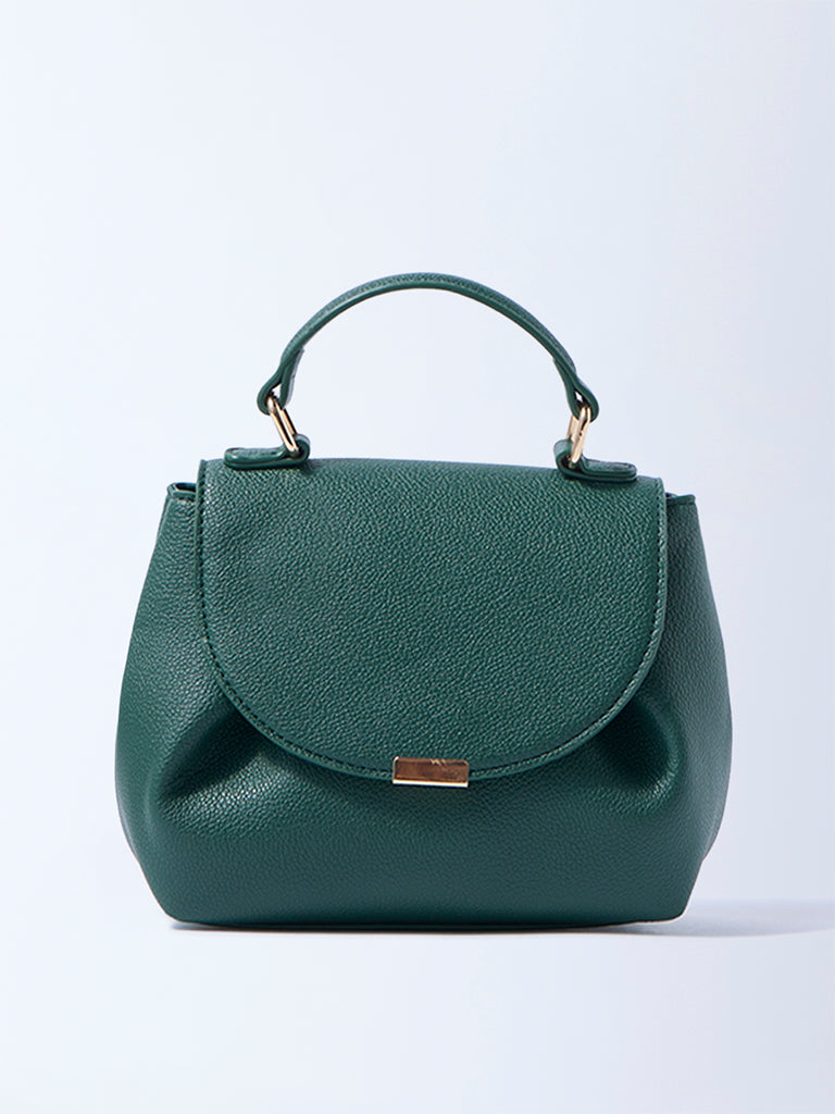 Westside Green Textured Satchel Bag with Sling Handle